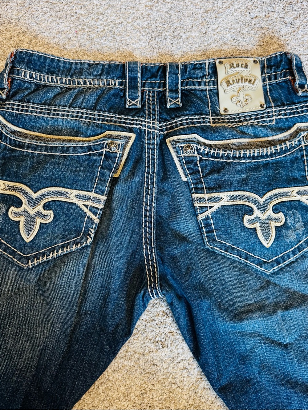 Rock Revival Men's Blue Bootcut Jeans with White Embroidery 34